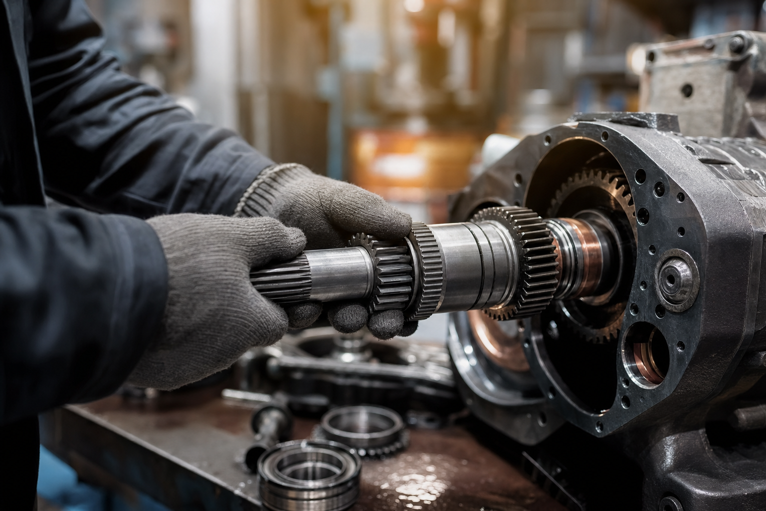 Montage einer Getriebewelle in der Werkstatt von VEH Antriebstechnik